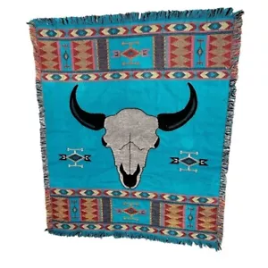 Southwestern Bull Skull Throw Blanket Aztec Woven Tapestry Turquoise 43x54 - Picture 1 of 5