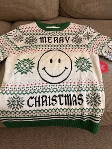 Holiday Time Ugly Christmas Sweater Women's XL 18, Smiley Face White - Picture 1 of 11