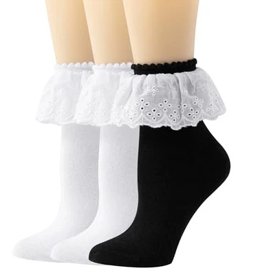 Calcetines tobilleros con volantes de encaje para mujer - Algodón negro 1 par + Blanco 2 pares Foto 1 de 4