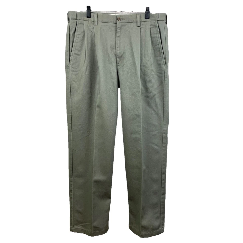 Брюки HAGGAR Chino мужские размер 34 x 29 (27,5) оливковые плиссированные спереди расширяемая талия - Изображение 1 из 4