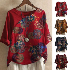 Womens Loose Blouse Tops Lady Retro Tops Summer Boho T-Shirts Print Tops Floral - Picture 1 of 12