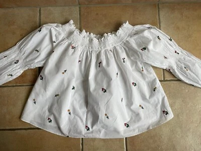 ZARA Bluse Carmen weiß bestickt mit Blumen gesmokte Langärmel Gr. L wNeu - Bild 1 von 4