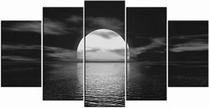 5 Piece Black and White Moon Wall Art Ocean Full Moon Picture Canvas Prints Livi - Picture 1 of 5