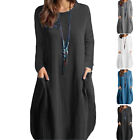 (Black M)Dress Long Sleeve Pocket Pure Color Round Neck Comfortable Casual BGS