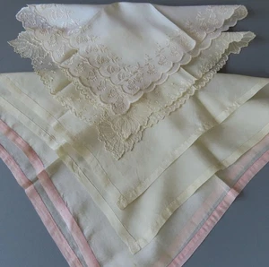 Estate Lot 4 Antique SILK Handkerchiefs Cream + Pink Hand Embroidery Hemstitched - Picture 1 of 7