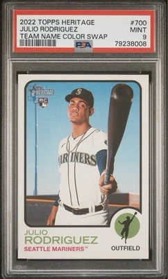 2022 Topps Heritage Julio Rodriguez RC Team Name Color Swap SP PSA 9 Mariners - Image 1 of 2