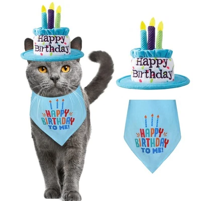 Gato Feliz Cumpleaños Pastel Sombrero Bandana Bufanda Set con Coloridas Velas Azul Foto 1 de 4
