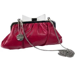 LULU Red CLUTCH HANDBAG 10x5 Faux Leather Evening Bag Acrylic Bow Purse Chain - Picture 1 of 10