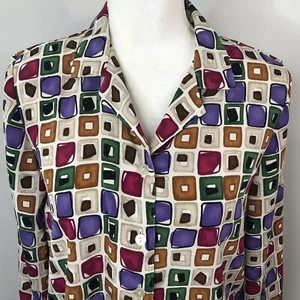Women's Button Up Blouse Size Medium Long Sleeve Purple Red Blocks Office Core - Picture 1 of 11