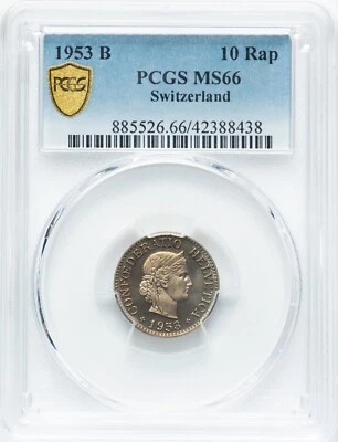 Switzerland - 1953-B 10 Rappen - PCGS MS66 - FINEST TOP POP - ONLY 2 GRADED - Image 1 of 3