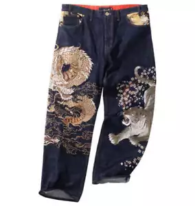 Pantalones Vaqueros KARAKURI-TAMASHII Talla Grande Bordados Dragón y Tigre Denim - Imagen 1 de 6