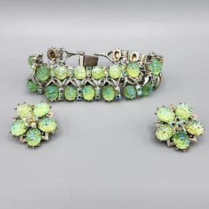 Vintage Coro Pegasus Peridot Green AB Lava Rock Glass Bracelet and Clip Earrings - Picture 1 of 12