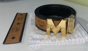 Reversible Adjustable Cognac to Black MCM Leather Belt Gold 35-40 With Papers - Picture 1 of 10