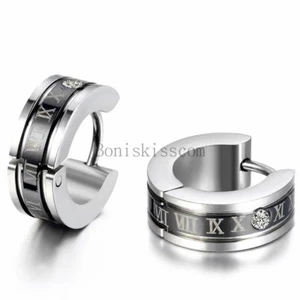 2Pcs Roman Numerals Engraved Stainless Steel Men's Hinged Hoop Snap on Earrings - Picture 1 of 17