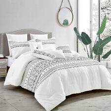 HIG 7 Piece White Brushed Microfiber Hand Embroidery Comforter Set - Queen King