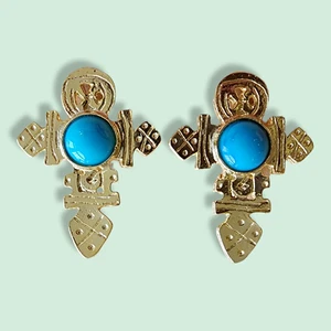 Orecchini Vintage - Orecchini Clip-on a Forma di Croce Placcati Oro 18K con Turchese - Foto 1 di 4