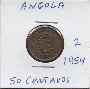 ANGOLA PORTUGUESE COLONY 50 CENTAVOS 1954 XF FIVE CROWNS ABOVE ARMS,DATE BELOW, - Picture 1 of 2