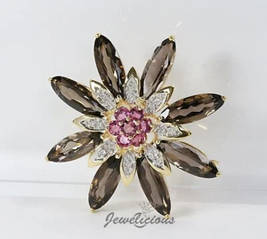 14K Yellow Gold Natural Diamonds Tourmaline Quartz Large Flower Brooch - Picture 1 of 5
