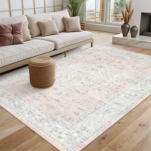 Soft Boho Nursery Rug for Baby Girl, Light Pink, 5X7 Ft, Non-Slip Faux Wool, Mac - Picture 1 of 12
