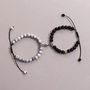 1Pair Couple Round Magnetic Buckle Beaded Bracelets For Lovers Jewelry Gift _t - Picture 1 of 6