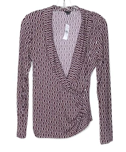 Ann Taylor Womens Faux Wrap Top Size S Burgundy Geometric Chain Print Office NWT - Picture 1 of 9