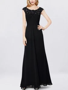 Women's Plus Size 16 Black Evening Gown Lace Cap Sleeves Long Dress - Picture 1 of 13