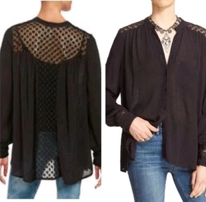 Free People The Best Bluse Spitze Häkel Hi Lo Saum Langarm Schwarz Boho Medium - Bild 1 von 11