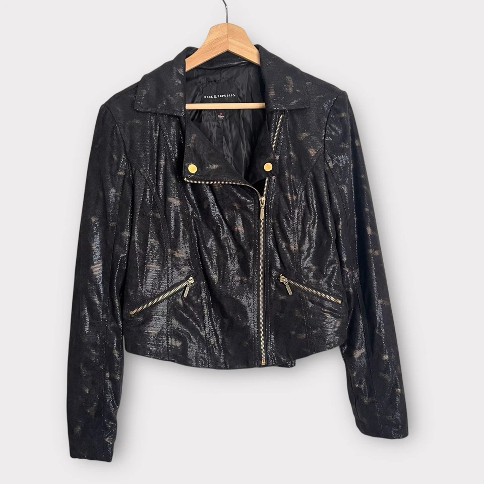 Rock & Republic Black Moto Jacket M Shiny Animal Print Zip Biker Style Medium - Image 1 of 4
