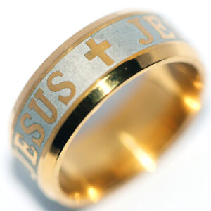 Gold Jesus&Cross Stainless Steel Band Rings Hip Hop Rings Womens Mens Size 13