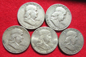 5 Different 90% Silver Franklin Half Dollars, 1951-1962