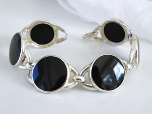 Chunky Sterling Silver 925 Onyx Modern Bracelet Fits 7.25" - Picture 1 of 8