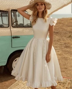 Short Wedding Dresses For Bride 2021 Knee Length Satin Beach Bride Gowns Ruffles - Picture 1 of 5