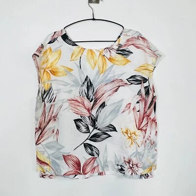 C&C California Blouse 100% Linen Short Sleeve Top White Pink Floral Size M - Image 1 of 4