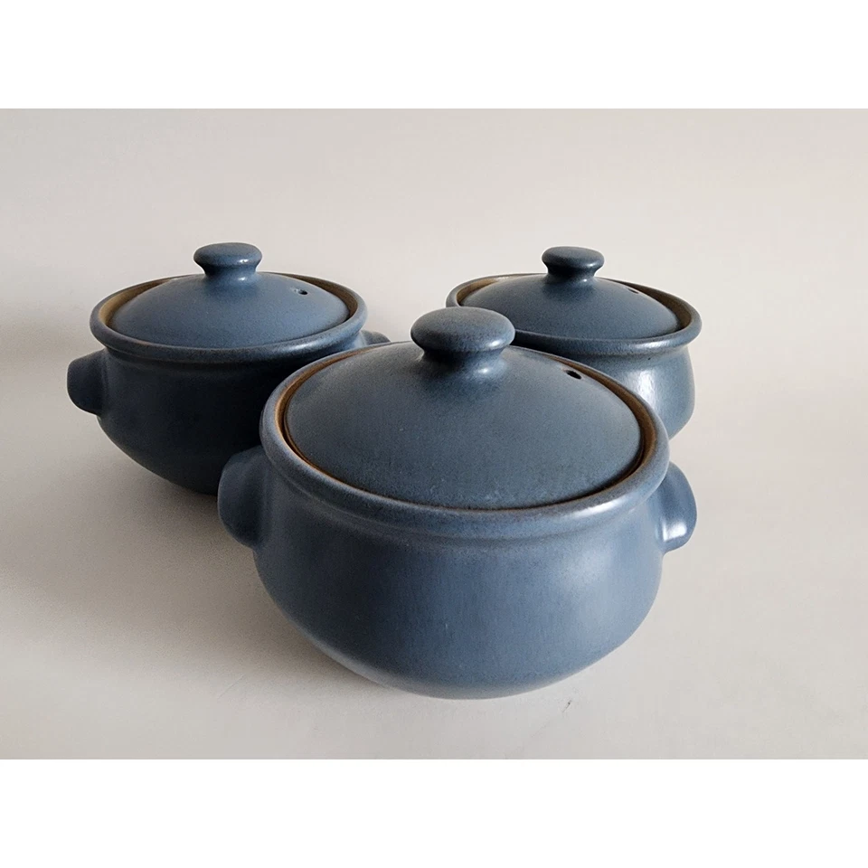 Tigelas de sopa vintage Denby azul com tampa conjunto de 3 1/2 pt grés feitas na Inglaterra - Imagem 1 de 4