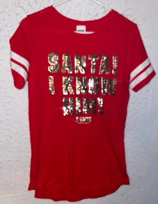 Camiseta SANTA I KNOW HIM BLING Victoria Secret Lentejuelas Doradas ROSA Para Mujer Talla S Roja Foto 1 de 4
