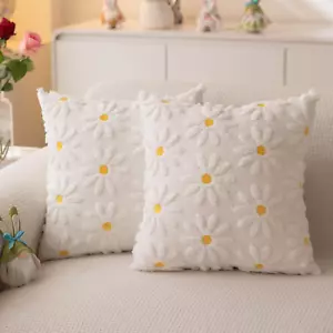 Spring Summer Pillow Covers 18X18 Inch Set of 2 White Daisy Flower Outdoor Farmh - Picture 1 of 12