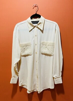 Vintage Embroidered Ivory Blouse Top Sz L 80's Office Career Secretary Made USA - Imagem 1 de 4