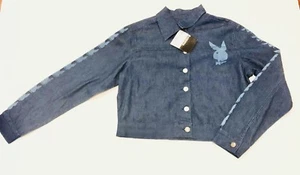 Playboy Women’s Blue Denim Long Sleeve Cropped Jacket Shirt Top Bunny Size 11 - Picture 1 of 9