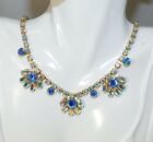 Vintage Blue Flower Marquise Ab Rhinestone Gold Tn 16.25" Choker Necklace 3J 64