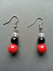 Earrings Handmade Black Red and Clear Crystal Drop Dangle - Picture 1 of 1