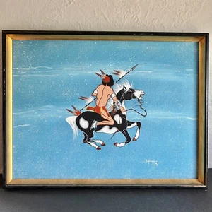 WOW 1974 SIGNED Oil Painting Warrior Horse Sky Fine Native American Art - Picture 1 of 10