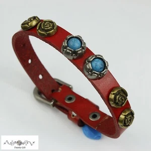 Women Blue Turquoise Rose Flower Genuine Leather Wristband Bracelet/Bangle 7-8.8 - Picture 1 of 16