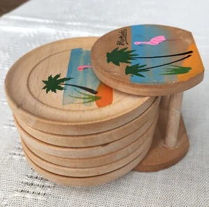 6 FLORIDA FLAMINGOES vintage Wooden Coasters w/ Stand - Picture 1 of 7