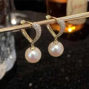 3.00Ct Round Cut Natural Pearl Drop/Dangle Earrings 14K Yellow Gold Plated - Picture 1 of 7