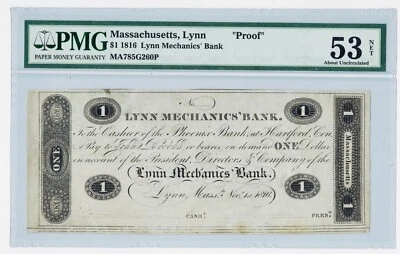 1816 Lynn Massachusetts LYNN MECHANICS BANK $1 Obsolete Currency "Proof" PMG53 - Image 1 of 2