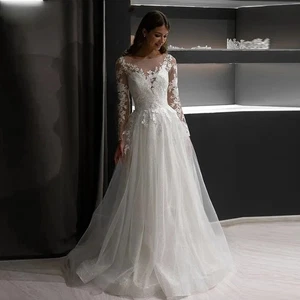 Elegantes Vestidos de Novia Línea A Cuello en O Mangas Largas Encaje Apliques Vestidos de Novia - Imagen 1 de 8