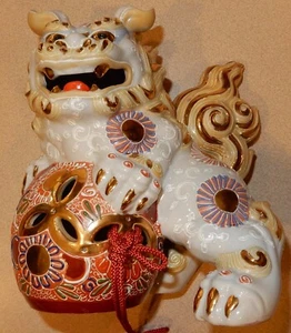 Guardian Fu Foo Dog Glazed Pottery Gold Gilded Statue  - Picture 1 of 12