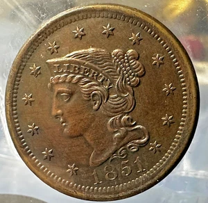 1851 Braided Hair United States Large One Cent Red Brown Gem BU Beautiful Patina - Picture 1 of 7