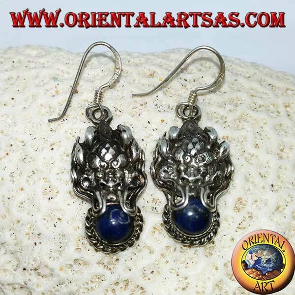 Orecchini in argento 925 ‰ testa di Drago con lapislazzulo in bocca - Immagine 1 di 1