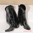 Womens Fringe Tassel Studs Block Heel Pull On Mid Calf Cowboy Western Boots Size